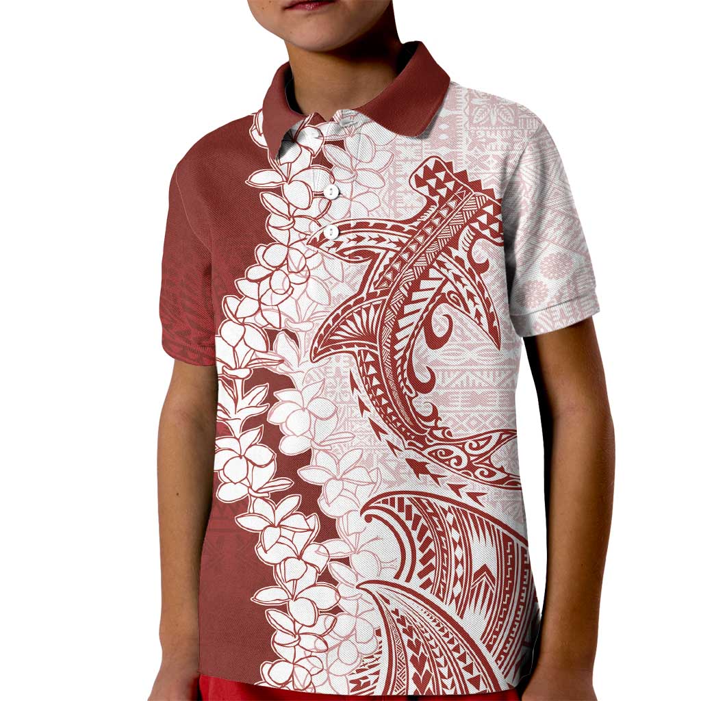 Polynesian Crimson Plumeria Lei Kid Polo Shirt with Hammerhead Shark LT7 Kid Red - Polynesian Pride
