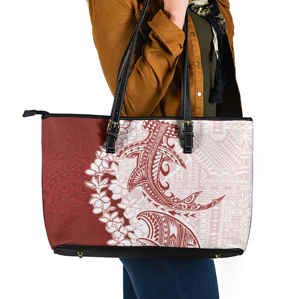Polynesian Crimson Plumeria Lei Leather Tote Bag with Hammerhead Shark