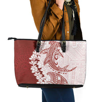 Polynesian Crimson Plumeria Lei Leather Tote Bag with Hammerhead Shark