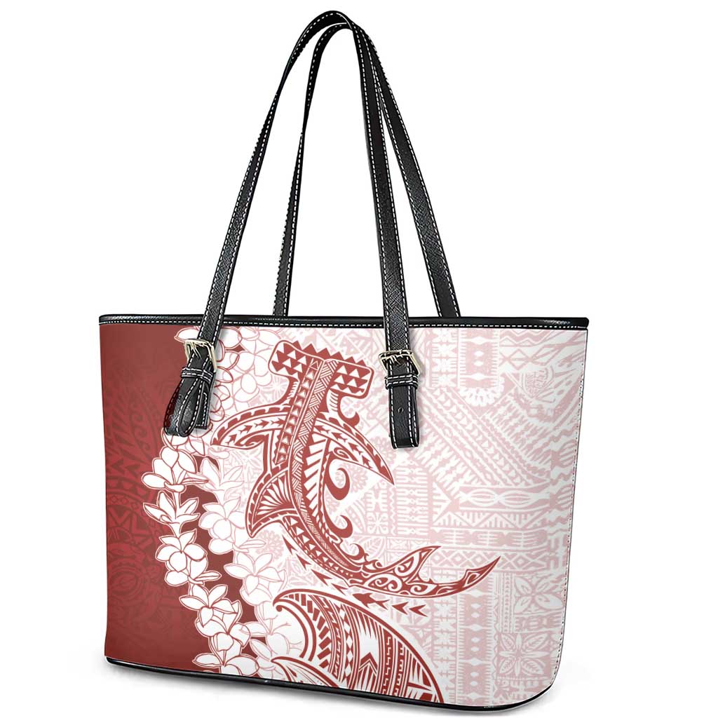 Polynesian Crimson Plumeria Lei Leather Tote Bag with Hammerhead Shark