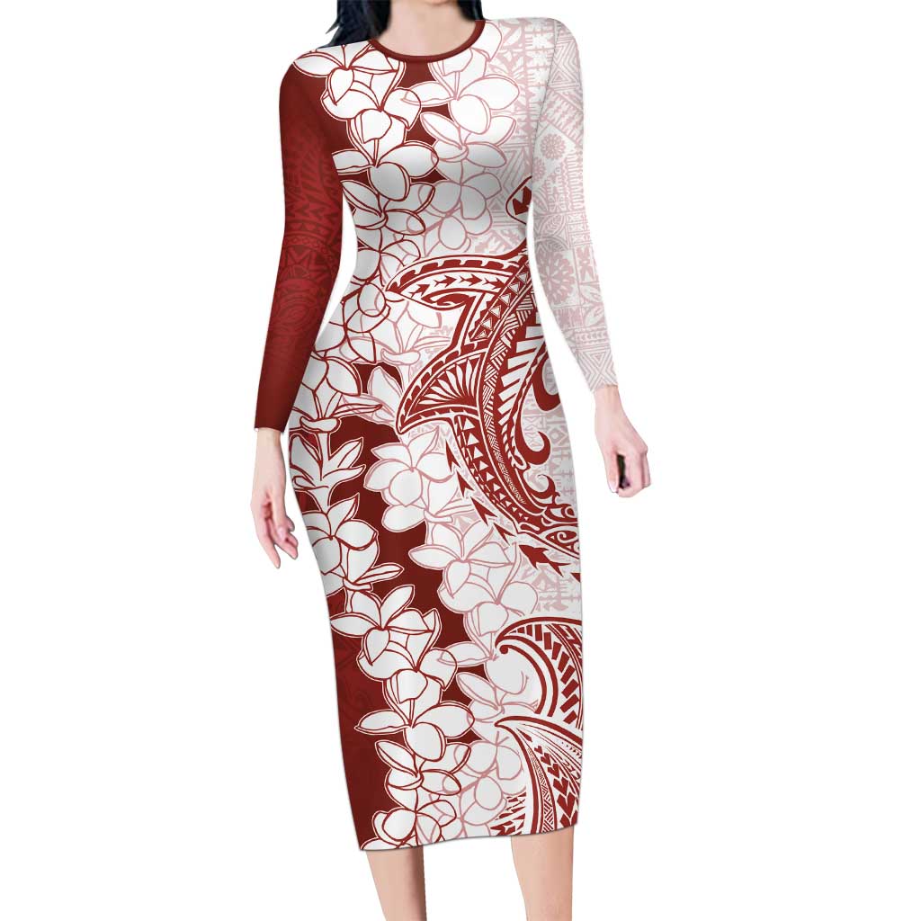 Polynesian Crimson Plumeria Lei Long Sleeve Bodycon Dress with Hammerhead Shark LT7 Long Dress Red - Polynesian Pride