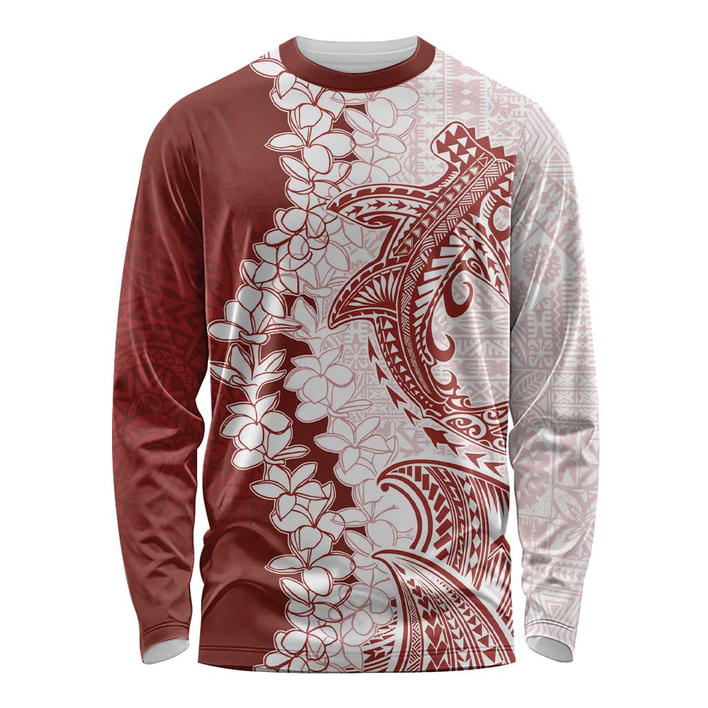 Polynesian Crimson Plumeria Lei Long Sleeve Shirt with Hammerhead Shark LT7 Unisex Red - Polynesian Pride