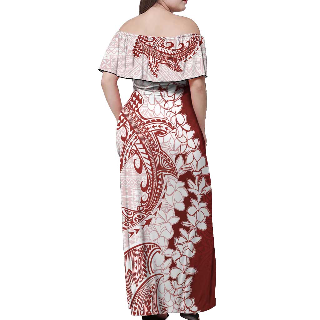 Polynesian Crimson Plumeria Lei Off Shoulder Maxi Dress with Hammerhead Shark LT7 - Polynesian Pride