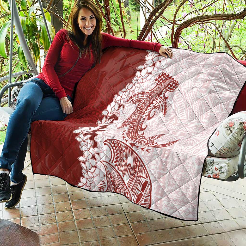 Polynesian Crimson Plumeria Lei Quilt with Hammerhead Shark