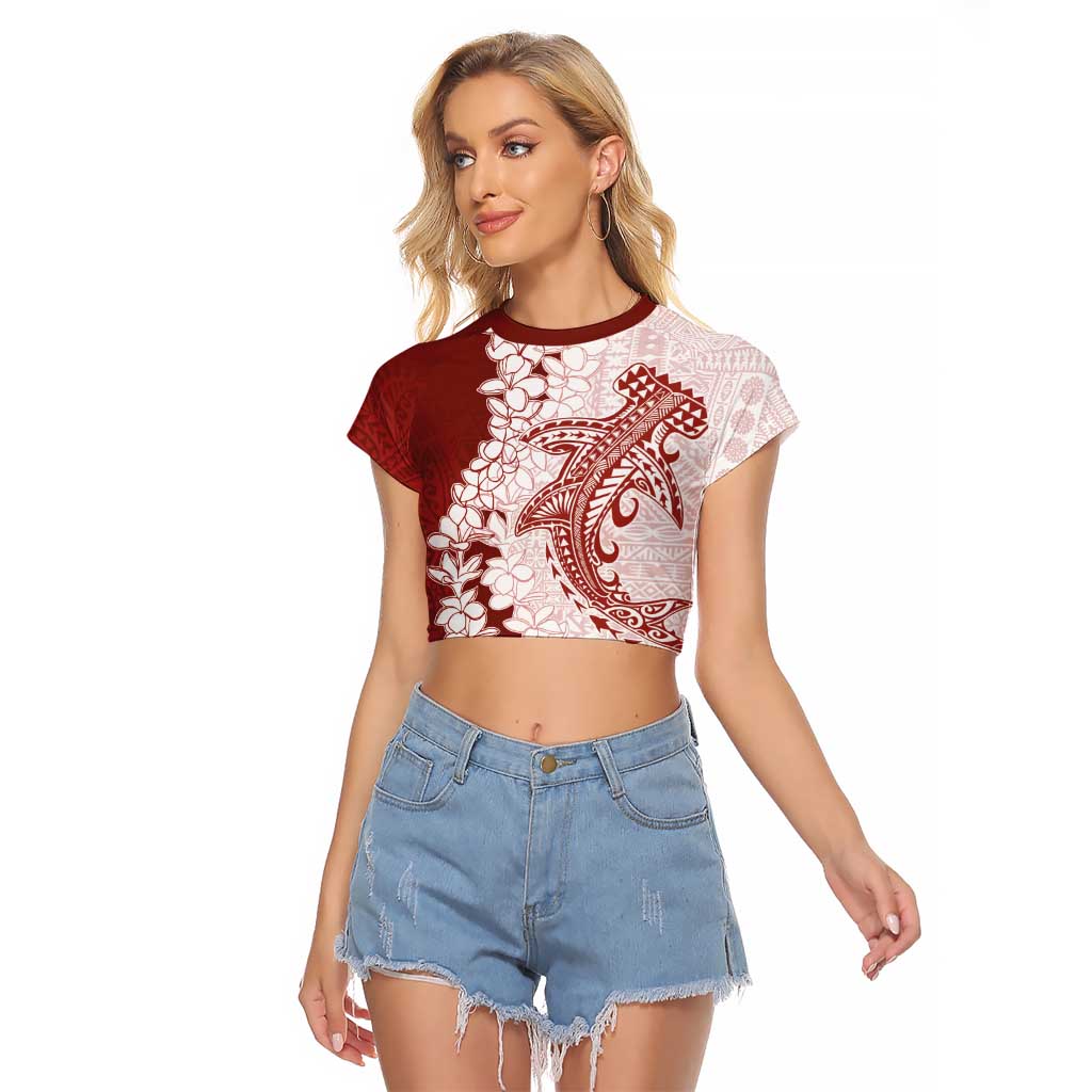 Polynesian Crimson Plumeria Lei Raglan Cropped T Shirt with Hammerhead Shark