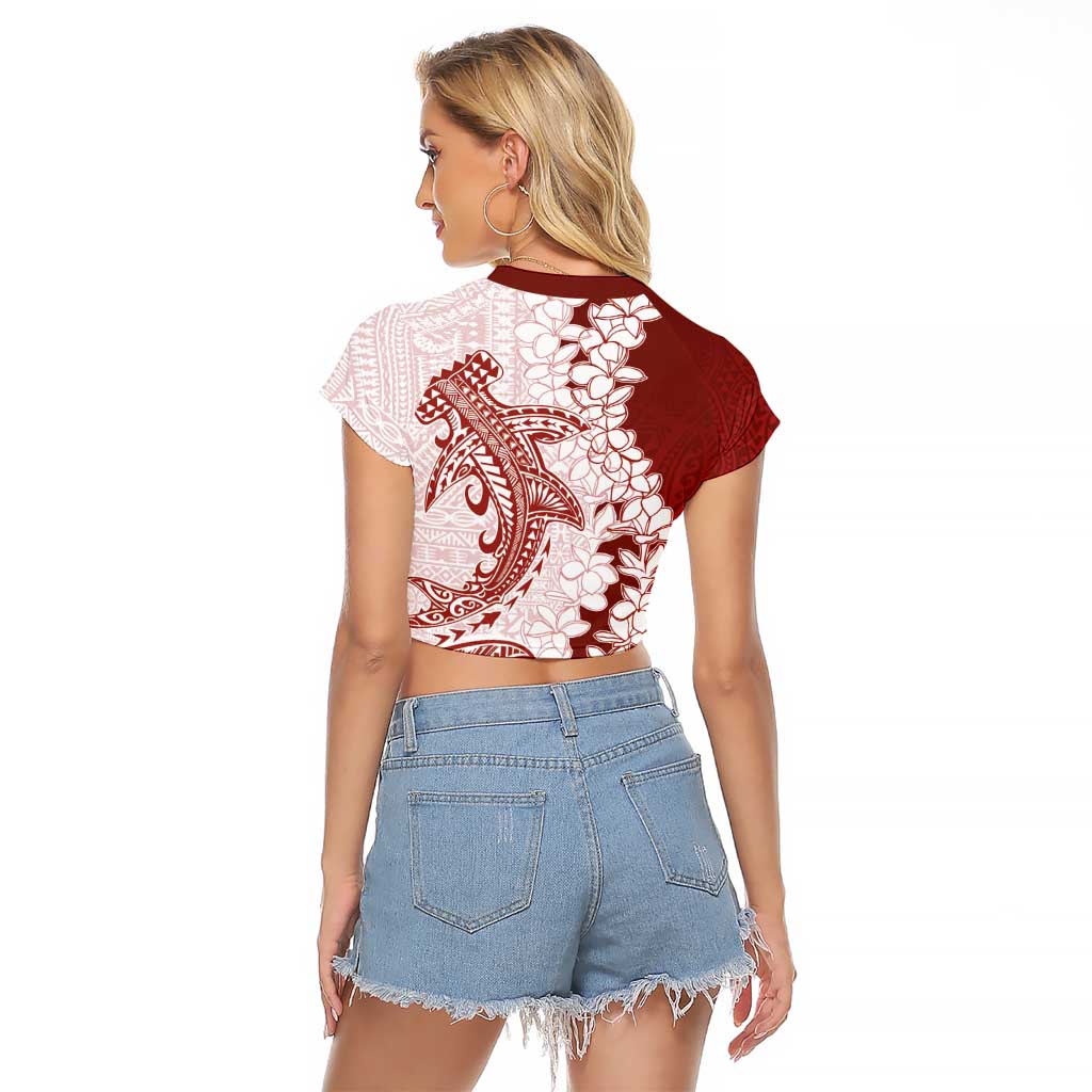 Polynesian Crimson Plumeria Lei Raglan Cropped T Shirt with Hammerhead Shark