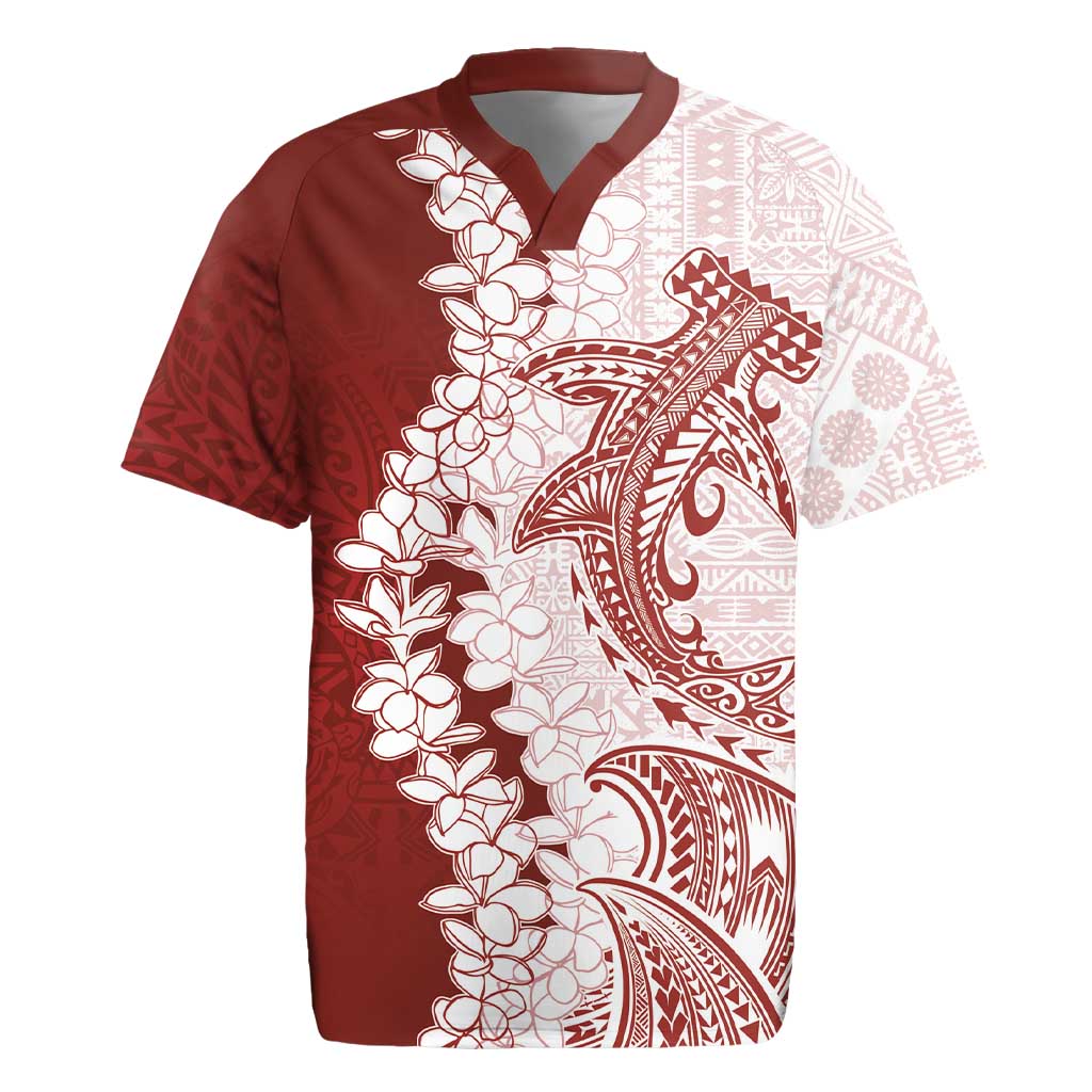 Polynesian Crimson Plumeria Lei Rugby Jersey with Hammerhead Shark