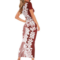 Polynesian Crimson Plumeria Lei Short Sleeve Bodycon Dress with Hammerhead Shark LT7 - Polynesian Pride