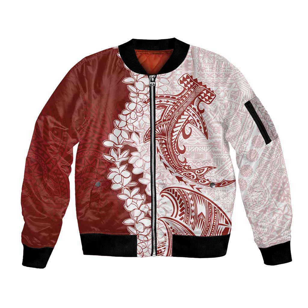 Polynesian Crimson Plumeria Lei Sleeve Zip Bomber Jacket with Hammerhead Shark LT7 Unisex Red - Polynesian Pride