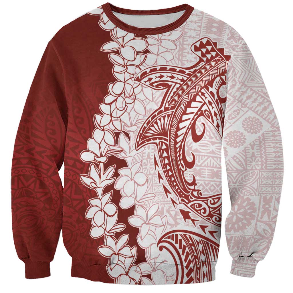 Polynesian Crimson Plumeria Lei Sweatshirt with Hammerhead Shark