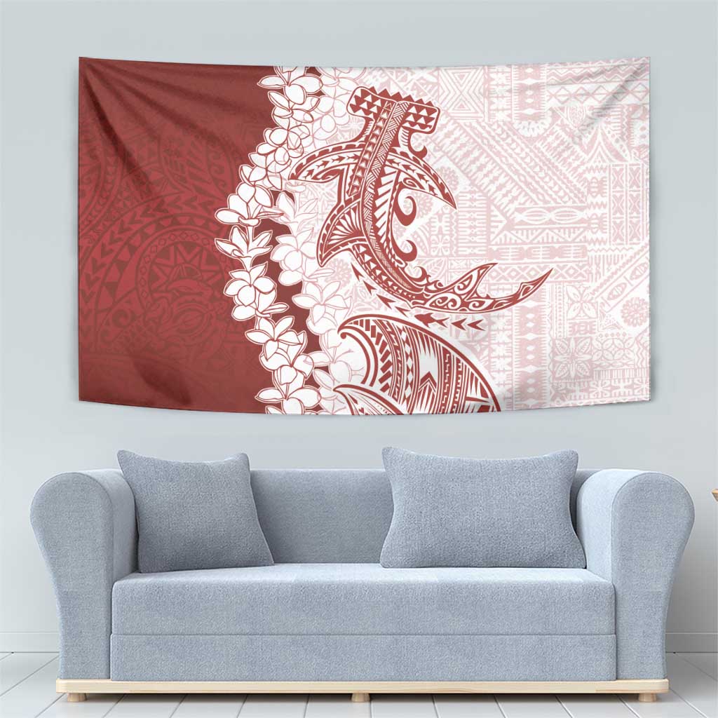 Polynesian Crimson Plumeria Lei Tapestry with Hammerhead Shark