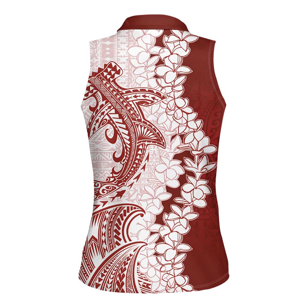 Polynesian Crimson Plumeria Lei Women Sleeveless Polo Shirt with Hammerhead Shark