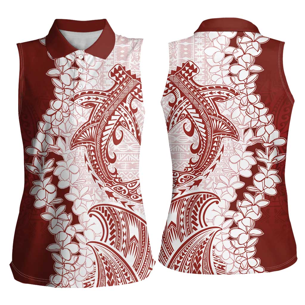 Polynesian Crimson Plumeria Lei Women Sleeveless Polo Shirt with Hammerhead Shark