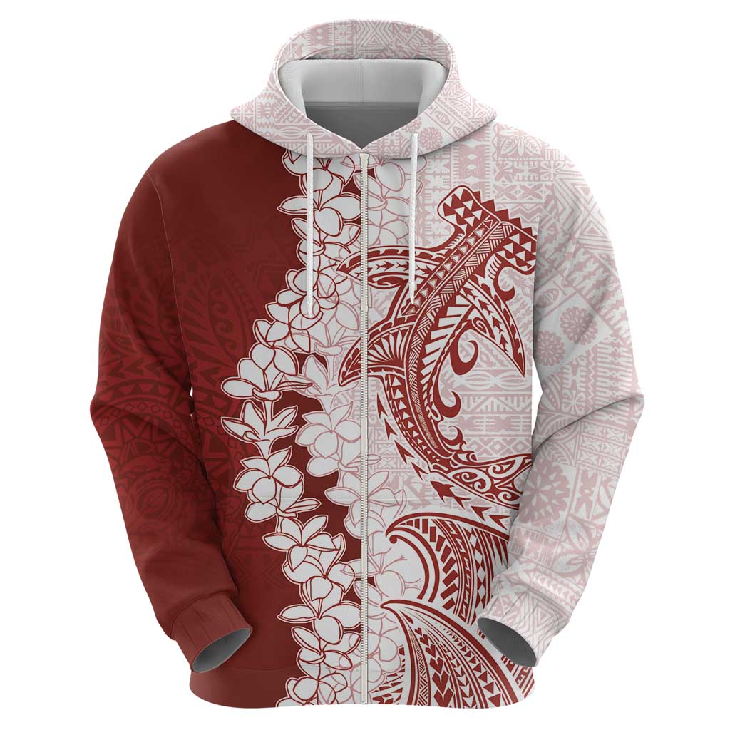 Polynesian Crimson Plumeria Lei Zip Hoodie with Hammerhead Shark LT7 - Polynesian Pride