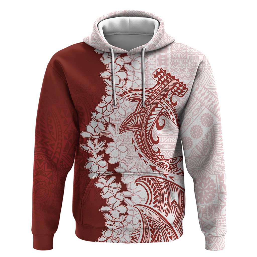 Polynesian Crimson Plumeria Lei Zip Hoodie with Hammerhead Shark LT7 Pullover Hoodie Red - Polynesian Pride