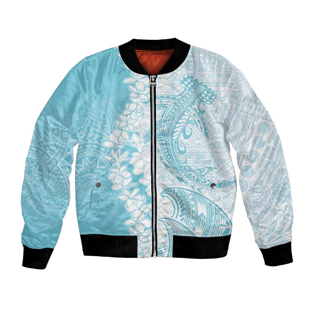 Polynesian Turquoise Plumeria Lei Bomber Jacket with Hammerhead Shark LT7 Unisex Turquoise - Polynesian Pride