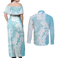 Polynesian Turquoise Plumeria Lei Couples Matching Off Shoulder Maxi Dress and Long Sleeve Button Shirt with Hammerhead Shark