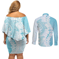 Polynesian Turquoise Plumeria Lei Couples Matching Off Shoulder Short Dress and Long Sleeve Button Shirt with Hammerhead Shark