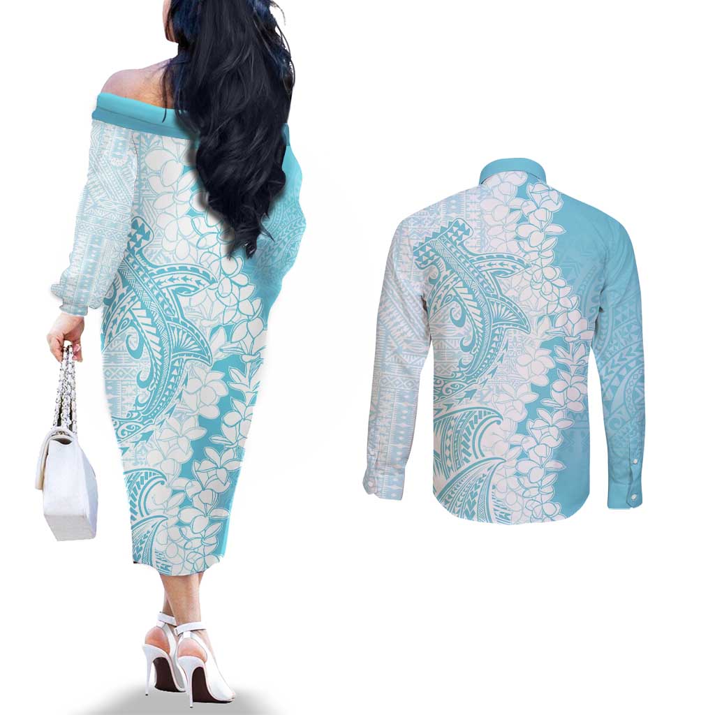 Polynesian Turquoise Plumeria Lei Couples Matching Off The Shoulder Long Sleeve Dress and Long Sleeve Button Shirt with Hammerhead Shark