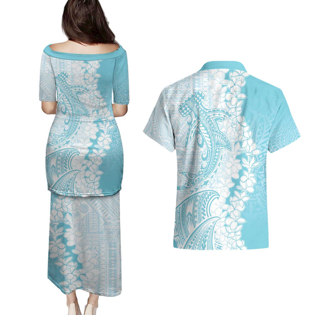 Polynesian Turquoise Plumeria Lei Couples Matching Puletasi and Hawaiian Shirt with Hammerhead Shark LT7 - Polynesian Pride