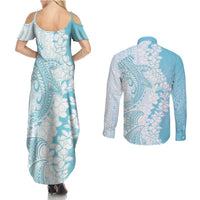 Polynesian Turquoise Plumeria Lei Couples Matching Summer Maxi Dress and Long Sleeve Button Shirt with Hammerhead Shark