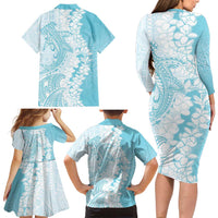 Polynesian Turquoise Plumeria Lei Family Matching Long Sleeve Bodycon Dress and Hawaiian Shirt with Hammerhead Shark