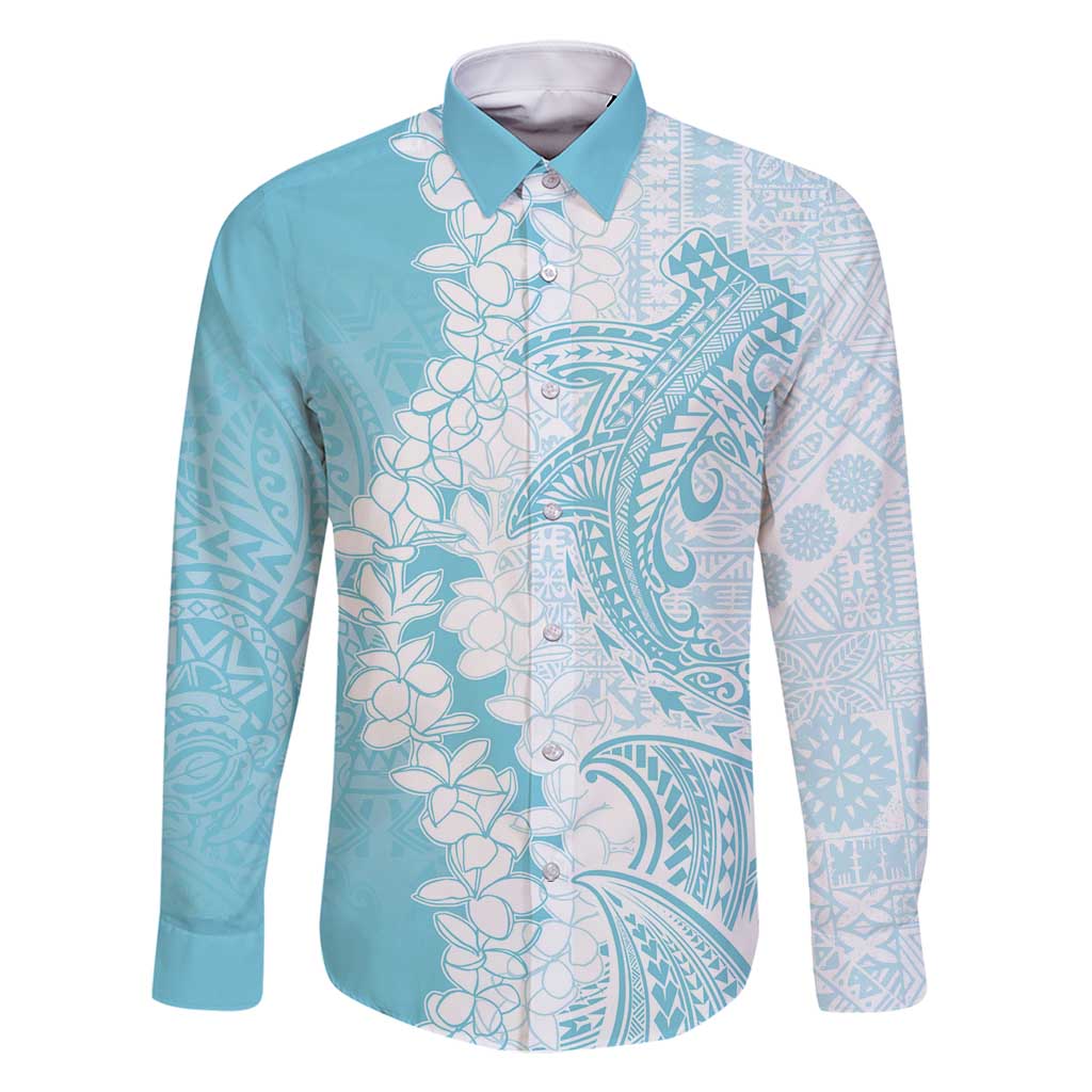 Polynesian Turquoise Plumeria Lei Family Matching Long Sleeve Bodycon Dress and Hawaiian Shirt with Hammerhead Shark