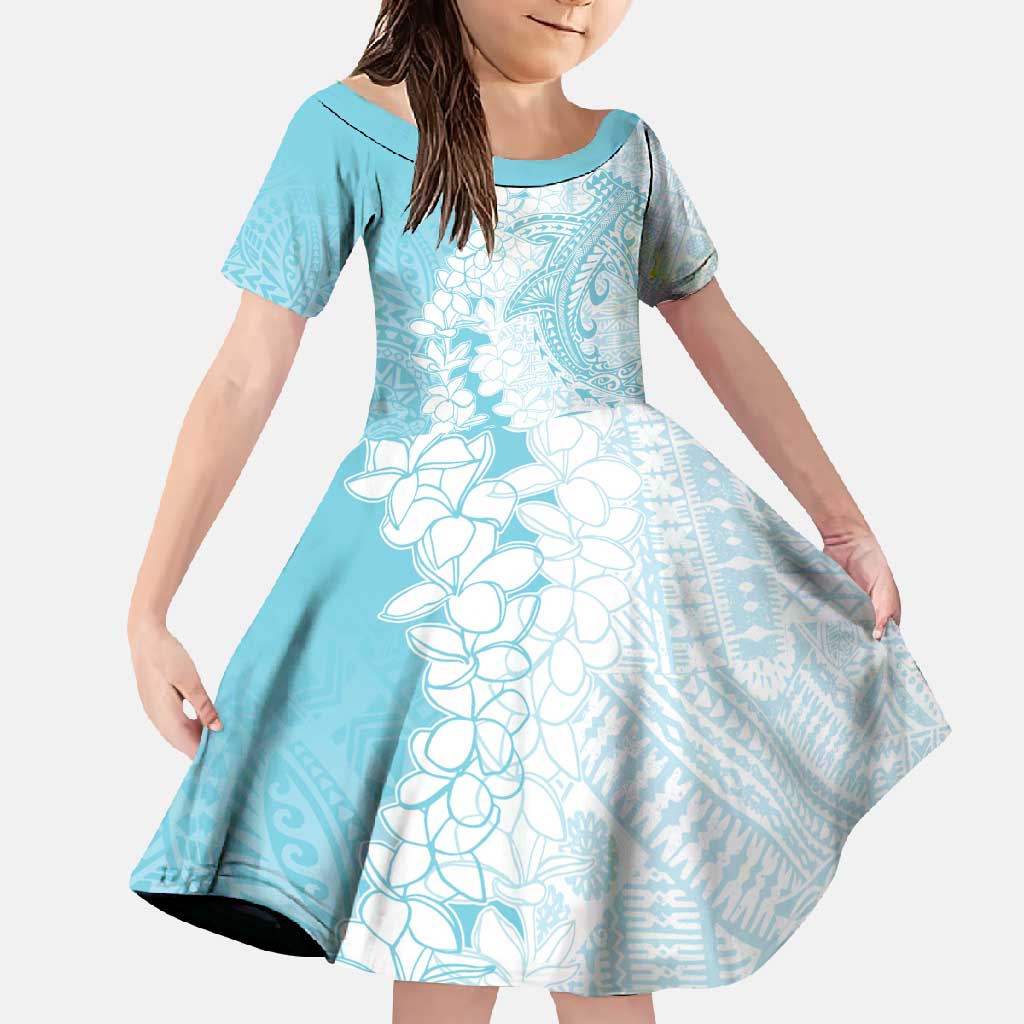 Polynesian Turquoise Plumeria Lei Family Matching Mermaid Dress and Hawaiian Shirt with Hammerhead Shark LT7 Daughter's Dress Turquoise - Polynesian Pride
