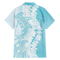 Polynesian Turquoise Plumeria Lei Family Matching Summer Maxi Dress and Hawaiian Shirt with Hammerhead Shark