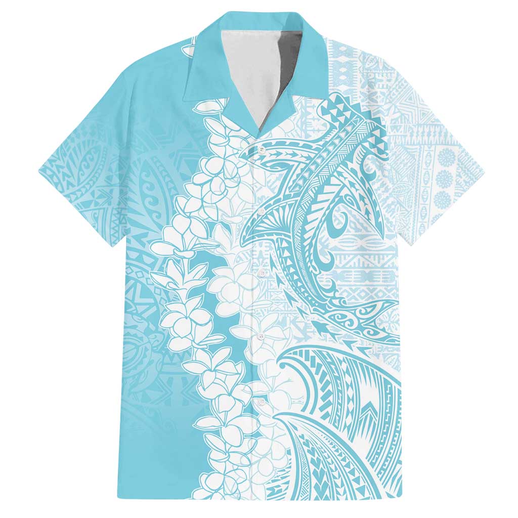 Polynesian Turquoise Plumeria Lei Family Matching Tank Maxi Dress and Hawaiian Shirt with Hammerhead Shark LT7 Dad's Shirt - Short Sleeve Turquoise - Polynesian Pride