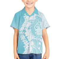 Polynesian Turquoise Plumeria Lei Family Matching Tank Maxi Dress and Hawaiian Shirt with Hammerhead Shark LT7 Son's Shirt Turquoise - Polynesian Pride