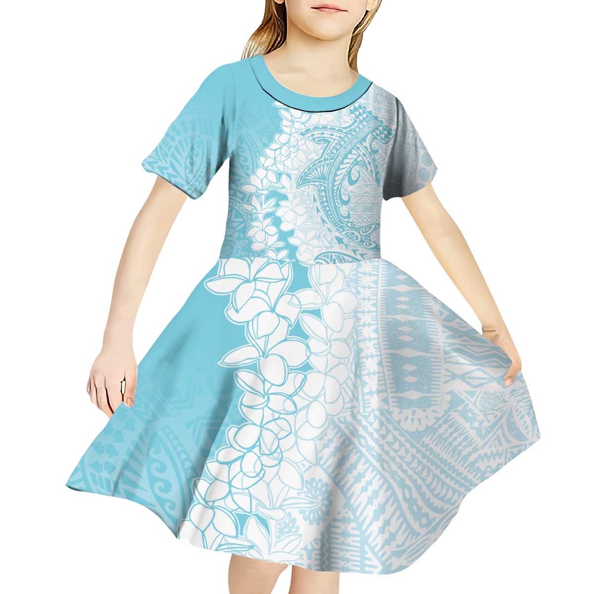 Polynesian Turquoise Plumeria Lei Kid Short Sleeve Dress with Hammerhead Shark