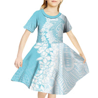 Polynesian Turquoise Plumeria Lei Kid Short Sleeve Dress with Hammerhead Shark