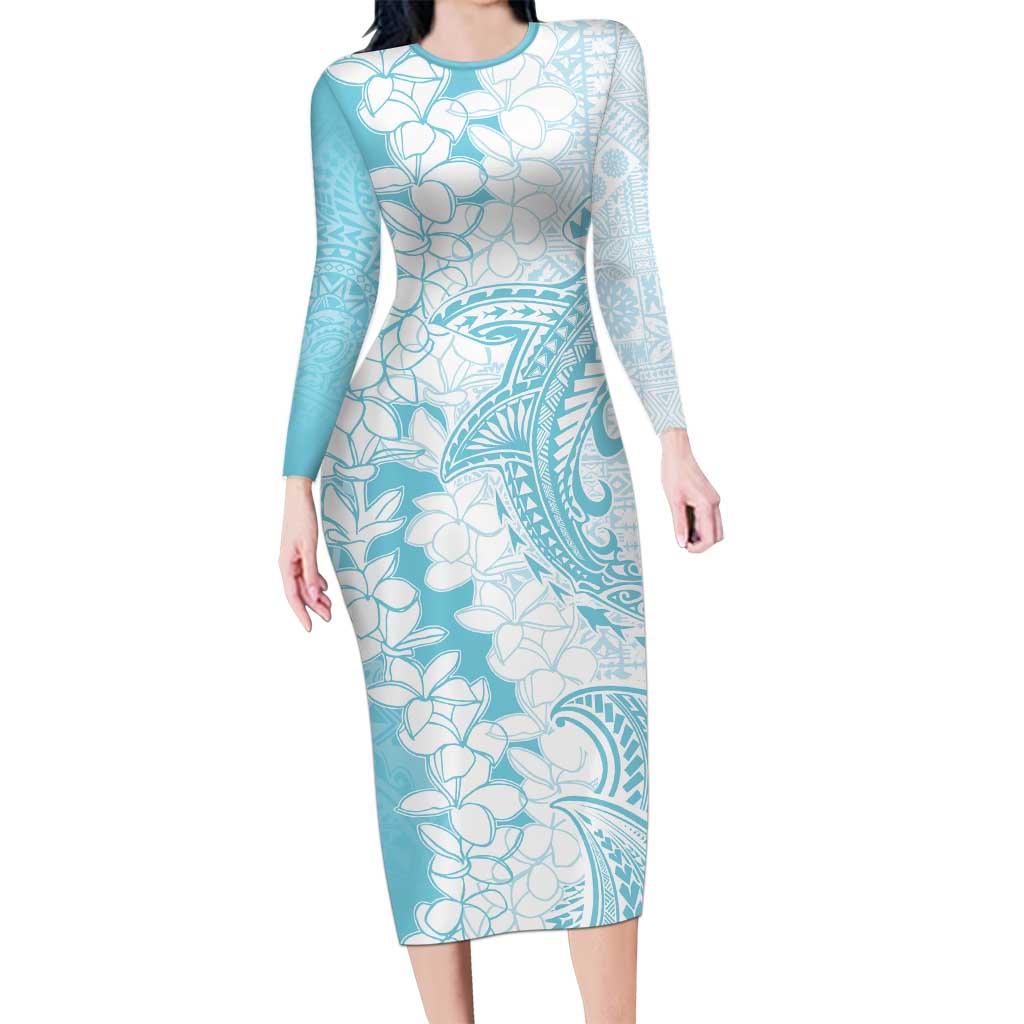 Polynesian Turquoise Plumeria Lei Long Sleeve Bodycon Dress with Hammerhead Shark LT7 Long Dress Turquoise - Polynesian Pride