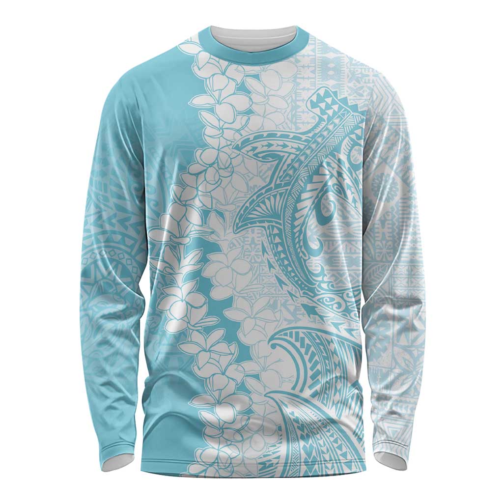 Polynesian Turquoise Plumeria Lei Long Sleeve Shirt with Hammerhead Shark LT7 Unisex Turquoise - Polynesian Pride