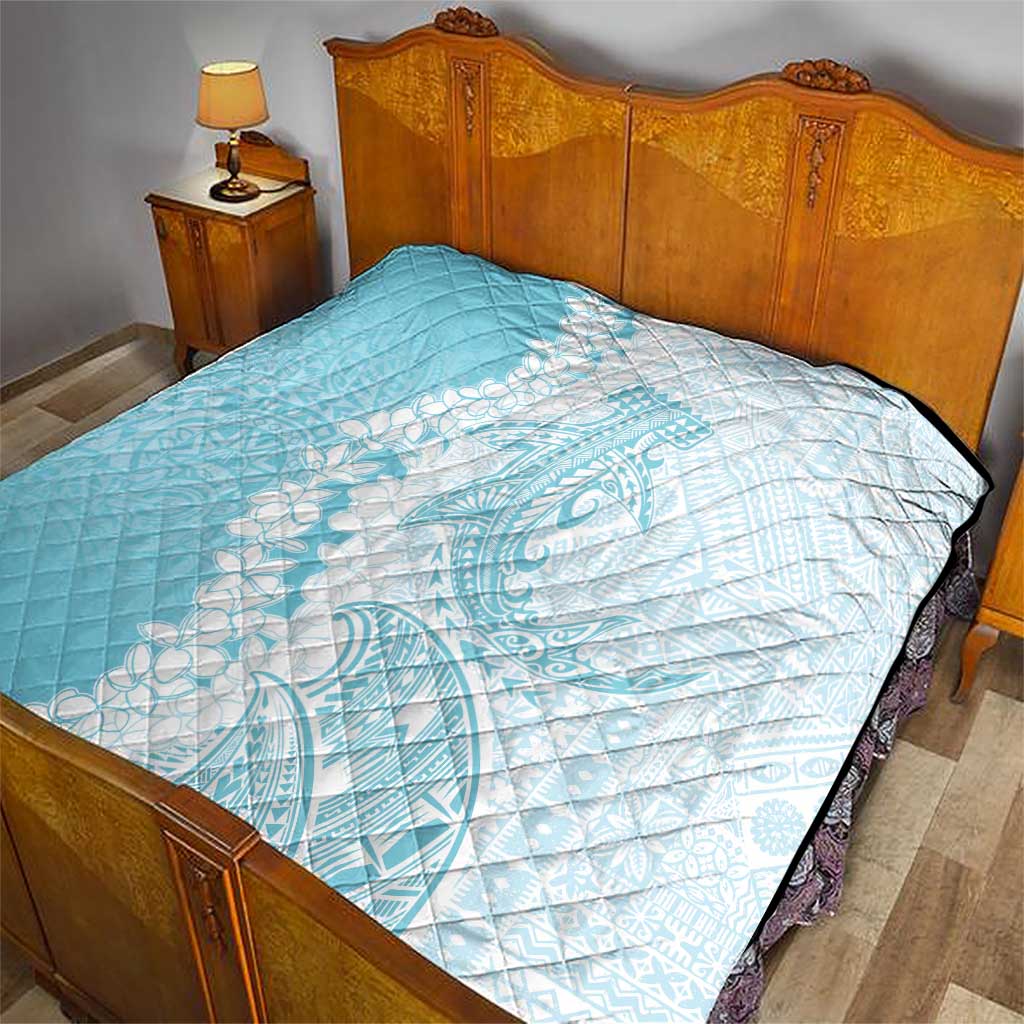 Polynesian Turquoise Plumeria Lei Quilt with Hammerhead Shark