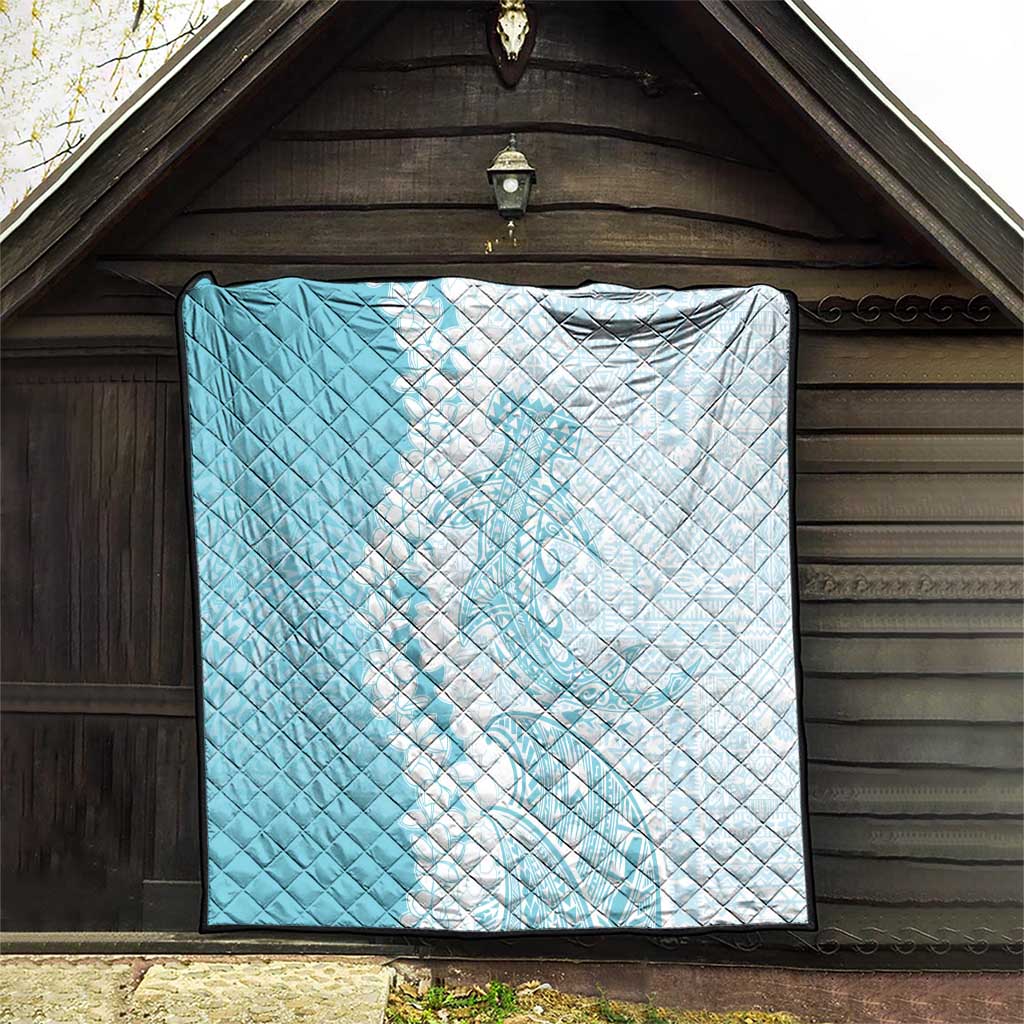 Polynesian Turquoise Plumeria Lei Quilt with Hammerhead Shark