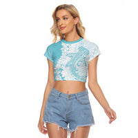 Polynesian Turquoise Plumeria Lei Raglan Cropped T Shirt with Hammerhead Shark