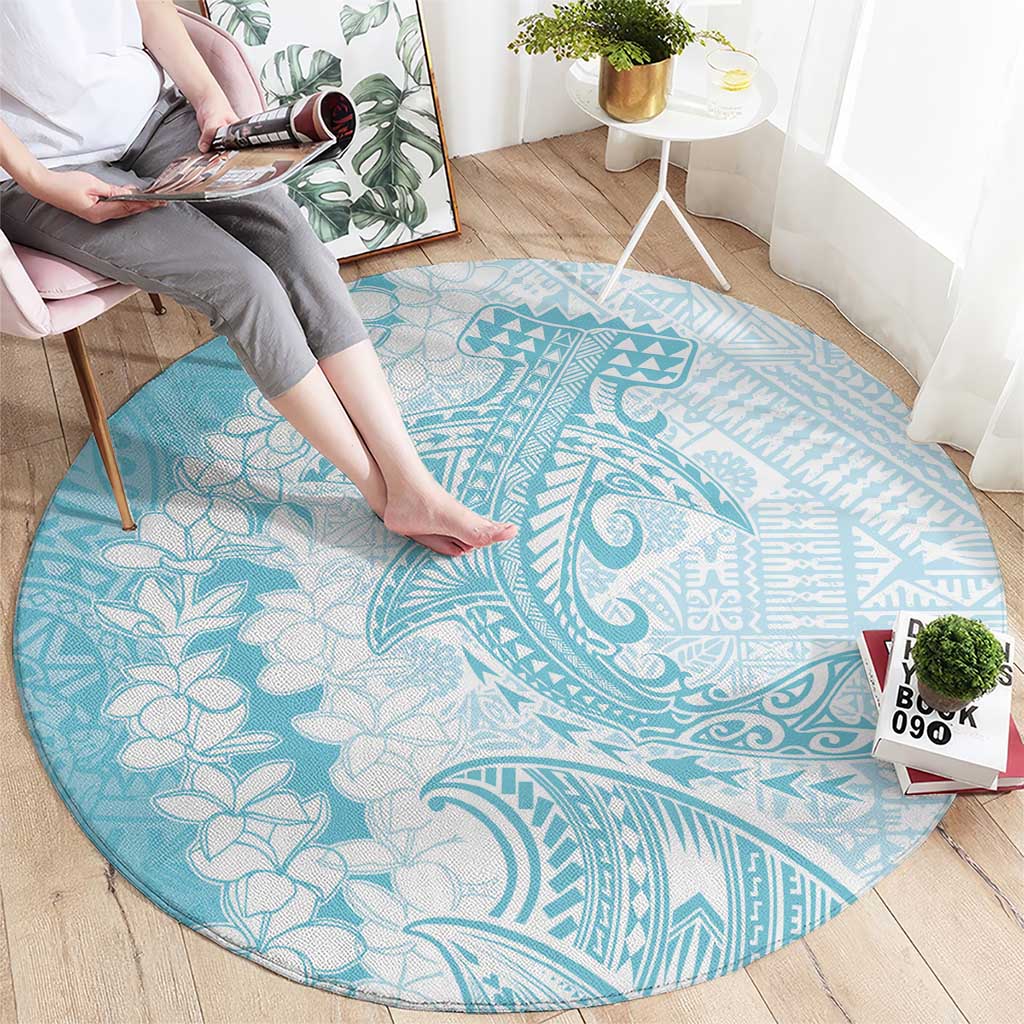 Polynesian Turquoise Plumeria Lei Round Carpet with Hammerhead Shark LT7 - Polynesian Pride