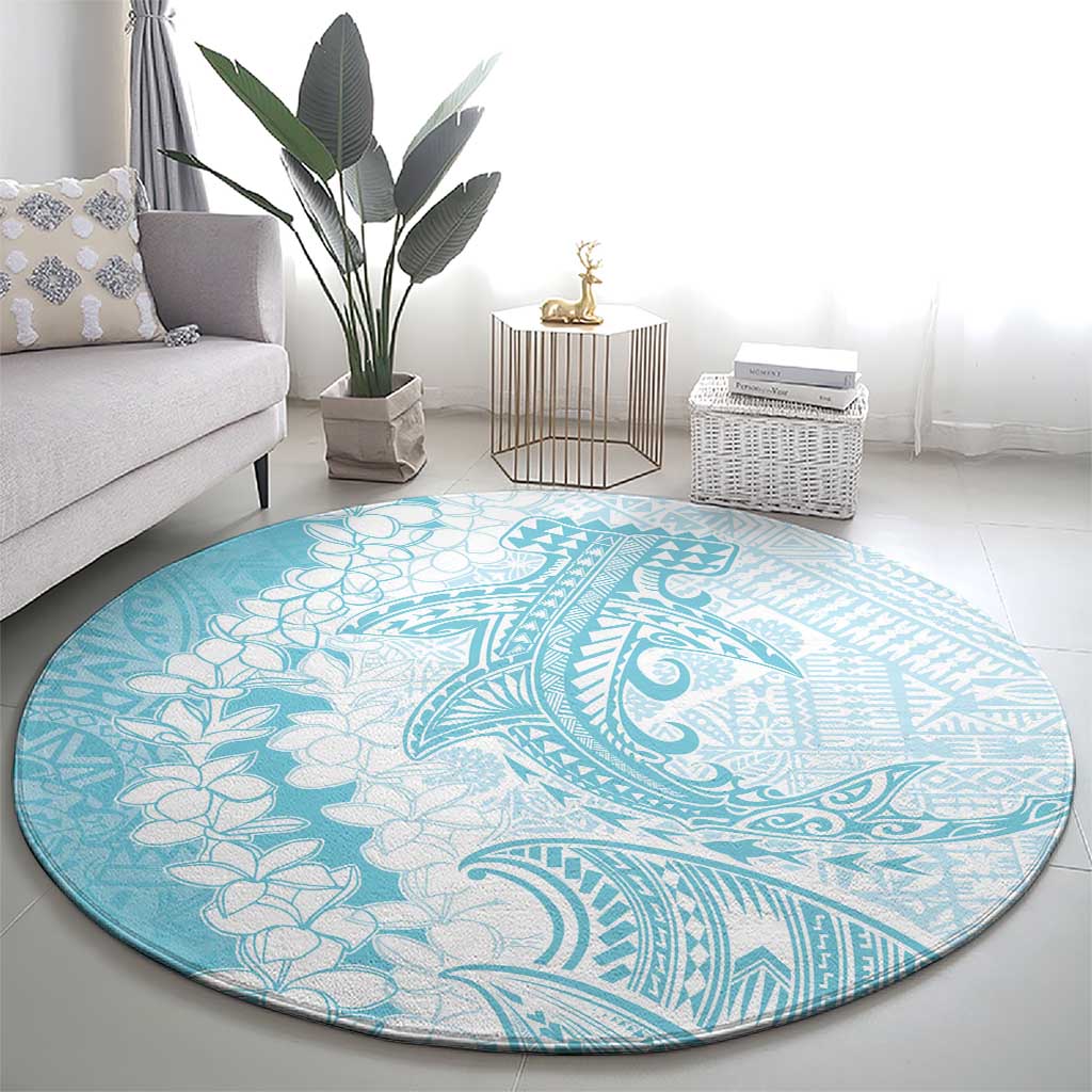 Polynesian Turquoise Plumeria Lei Round Carpet with Hammerhead Shark LT7 - Polynesian Pride