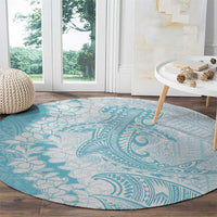 Polynesian Turquoise Plumeria Lei Round Carpet with Hammerhead Shark LT7 - Polynesian Pride