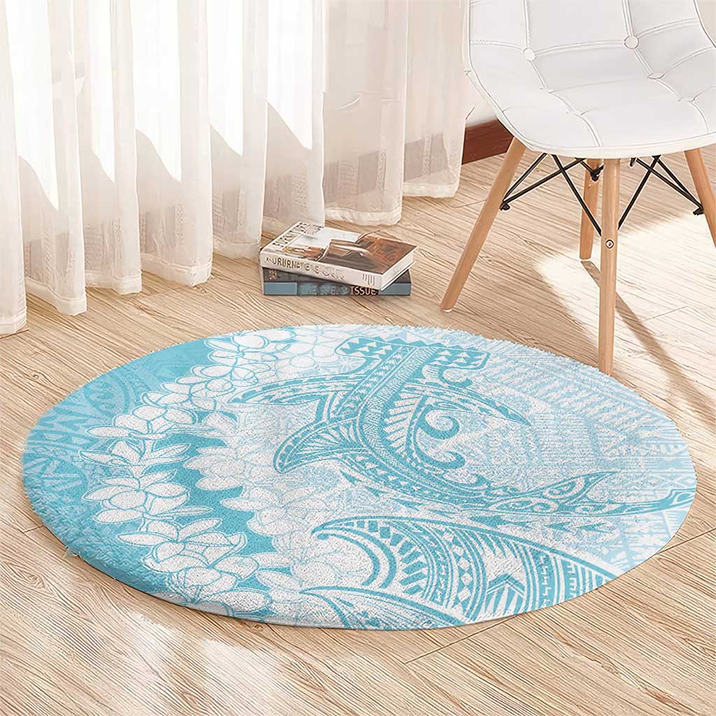 Polynesian Turquoise Plumeria Lei Round Carpet with Hammerhead Shark LT7 - Polynesian Pride