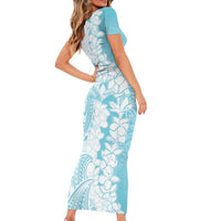 Polynesian Turquoise Plumeria Lei Short Sleeve Bodycon Dress with Hammerhead Shark LT7 - Polynesian Pride