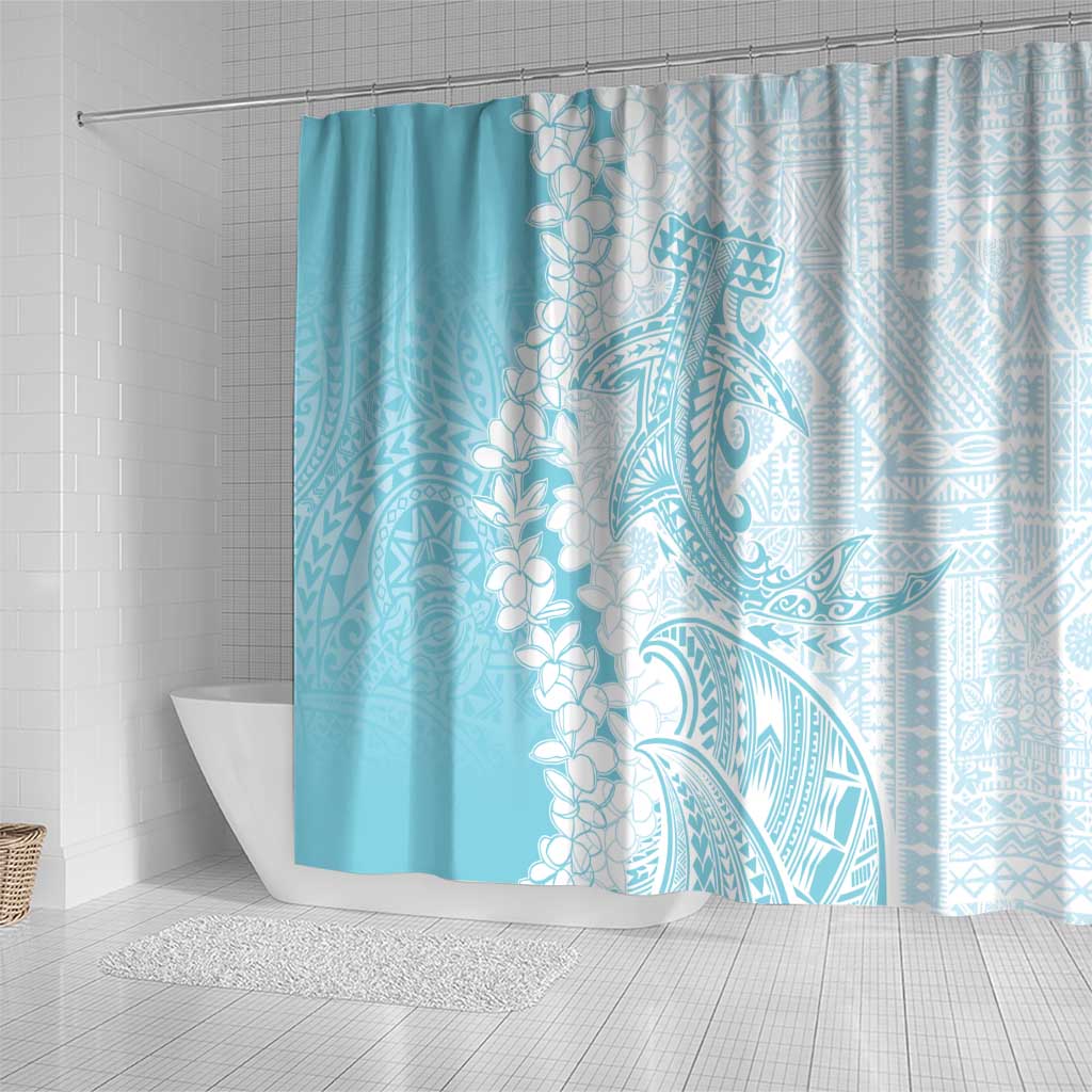 Polynesian Turquoise Plumeria Lei Shower Curtain with Hammerhead Shark