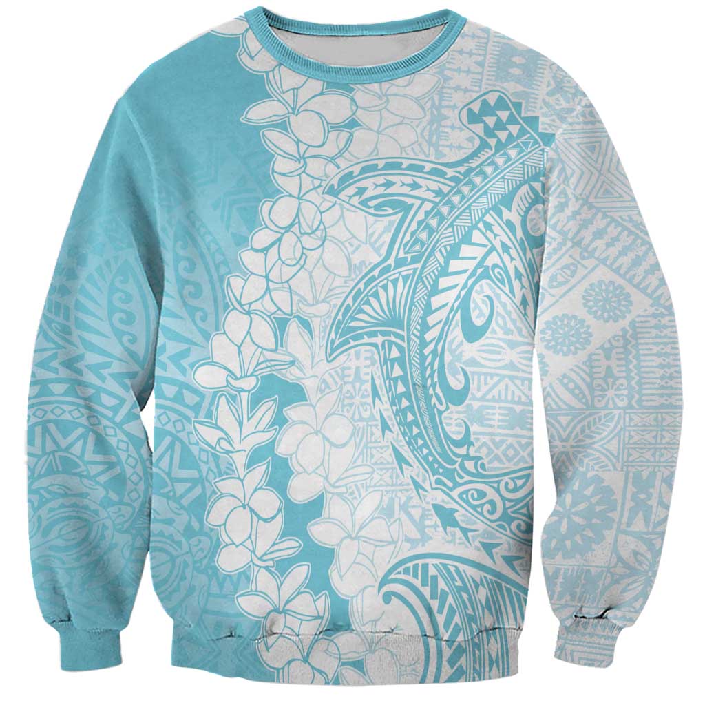 Polynesian Turquoise Plumeria Lei Sweatshirt with Hammerhead Shark