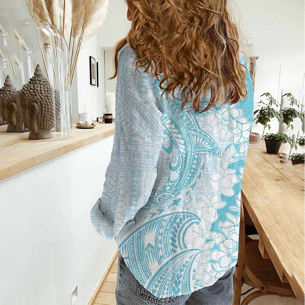 Polynesian Turquoise Plumeria Lei Women Casual Shirt with Hammerhead Shark