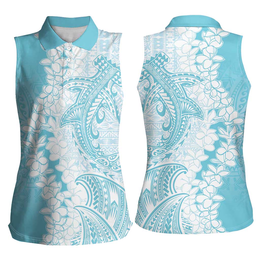 Polynesian Turquoise Plumeria Lei Women Sleeveless Polo Shirt with Hammerhead Shark