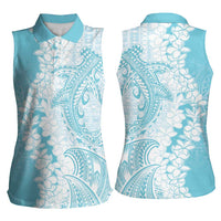 Polynesian Turquoise Plumeria Lei Women Sleeveless Polo Shirt with Hammerhead Shark