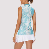 Polynesian Turquoise Plumeria Lei Women Sleeveless Polo Shirt with Hammerhead Shark