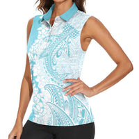 Polynesian Turquoise Plumeria Lei Women Sleeveless Polo Shirt with Hammerhead Shark